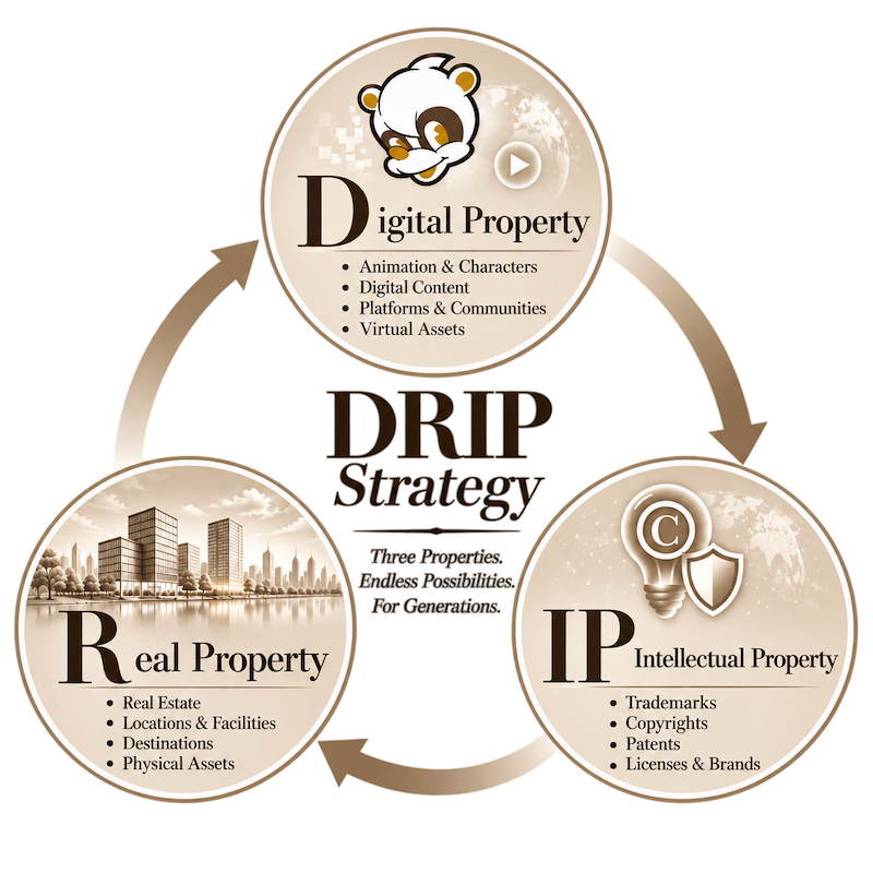 DRIP Strategy: Digital Property, Intellectual Property and Real Property form a continuous cycle. Digital Property includes animation and characters, digital content, platforms and communities, and virtual assets. Real Property includes real estate, locations and facilities, destinations and physical assets. Intellectual Property includes trademarks, copyrights, patents, licenses and brands. Three Properties. Endless Possibilities. For Generations.